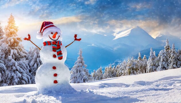 Merry christmas and happy new year greeting card with copy-space.Happy snowman standing in christmas landscape.Snow background.Winter fairytale, Generative AI