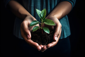 two hands holding a green plant with soils	
