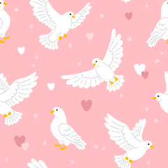 Vector seamless background pattern with white doves and hearts for surface pattern design 