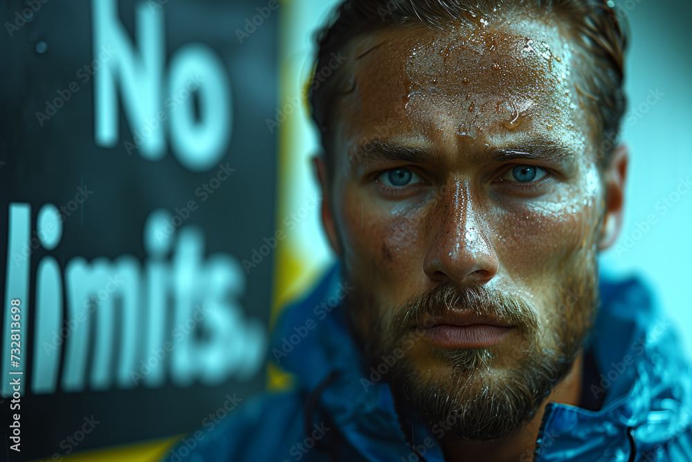 Poster a determined athlete with a sign that reads 