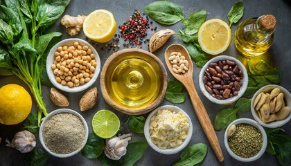 Top view of healthy omega-3 rich food ingredients