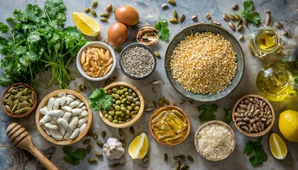 Fototapeta premium Top view of healthy omega-3 rich food ingredients