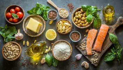 Fototapeta na wymiar Top view of healthy omega-3 rich food ingredients
