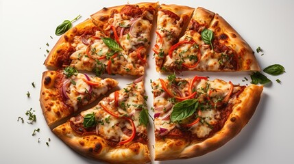 Appetizing baked pizza cut into pieces isolated on a white background. Pizza slices close-up. Pizza delivery, Italian pizza, pizzeria logo.