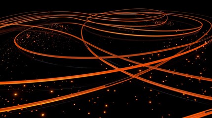 Neon orange lines twist and turn in the cosmos, peppered with sparkling particles, against the void of space