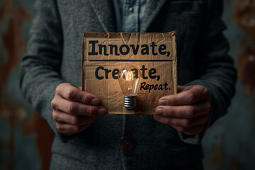 A creative professional holding a sign that reads "Innovate, Create, Repeat." Concept of fostering creativity and innovation. Generative Ai.