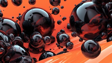 Glossy black spheres defy gravity on a vibrant orange liquid flow, creating a surreal abstract scene