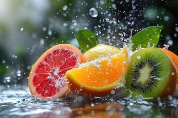 Fresh and juicy fruits: orange, grapefruit and kiwi in dynamic splashes on a blurred background