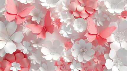 background showcasing a symphony of 3D pink butterflies and elegant white floral flowers