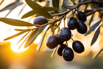 ripe black olives on a tree closeup  at sunset or sunrise. Olive oil production. Organic natural spanish typical product. 