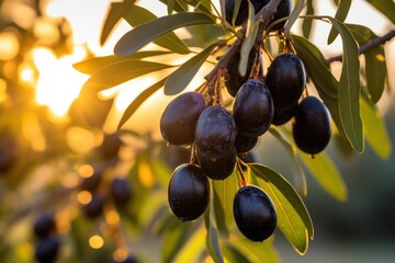 ripe black olives on a tree closeup  at sunset or sunrise. Olive oil production. Organic natural spanish typical product. 