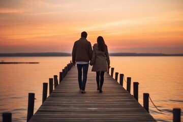 Fototapeta premium couple walking away on a wooden pier at sunset. Romantic getaway vacation for Valentines day or honeymoon.