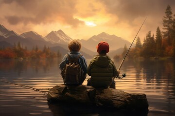 brothers on fishing trip with fish-rod at sunset at mountain lake