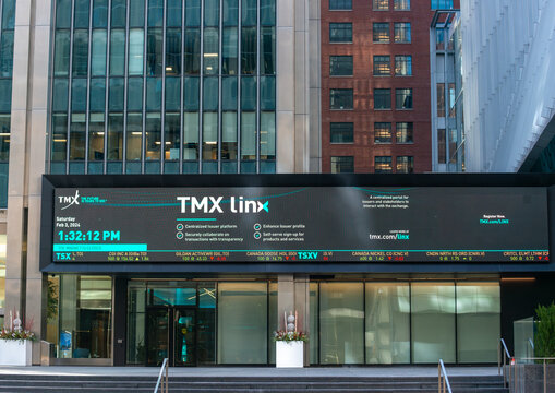 exterior building facade and sign of TMX Group, a financial institution, located in the Richmond-Adelaide Centre complex at 111 Richmond in downtown Toronto, Canada