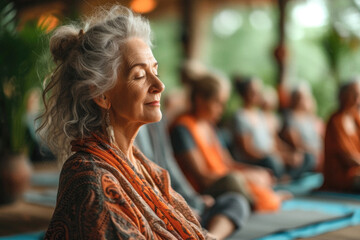 Older women living Happy and healthy, Engaging in yoga, Illuminating joy and contentment, Elder...