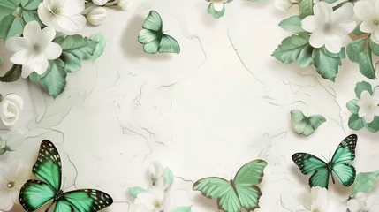 Crédence de cuisine en verre imprimé Papillons en grunge enchanting marble background filled with a pattern of 3D green butterflies and delicate white floral flowers