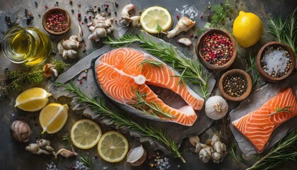 Fresh salmon steak with a variety of seafood and herbs