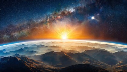 Fototapeta na wymiar panoramic view of the earth sun star and galaxy sunrise over planet earth, view from space