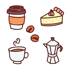 set of hand drawn coffee shop elements, coffee and piece of cake illustration