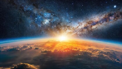 panoramic view of the earth sun star and galaxy sunrise over planet earth, view from space