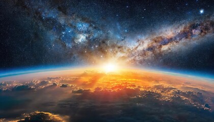 Fototapeta premium panoramic view of the earth sun star and galaxy sunrise over planet earth, view from space