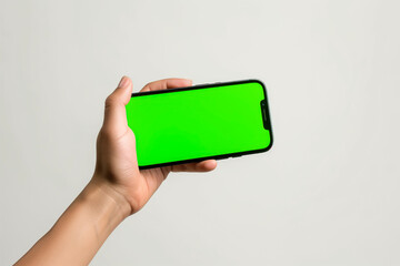 Mobile phone with chroma key for editing in hand on a white uniform background
