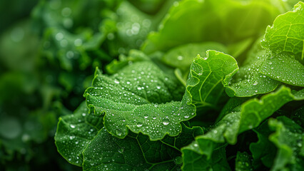 the glistening drops of morning dew on the crisp green lettuce leaves evoke the essence of organic farming, illustrating the natural purity and freshness of farm-to-table produce.