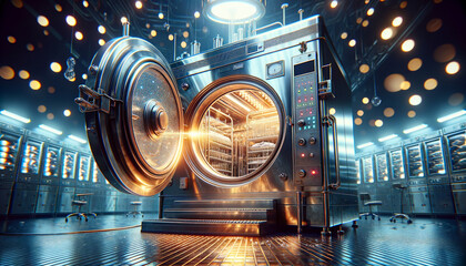 Sterilization in Motion: Awe-inspiring close-up of a gleaming autoclave, illuminating the purity of medical instruments.