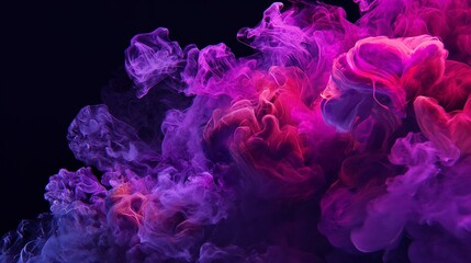 Ethereal pink and purple smoke plumes in an abstract design on a black background - obrazy, fototapety, plakaty