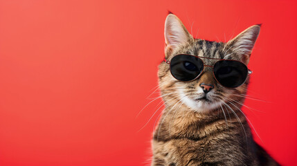 Cool and funny domestic cat wearing sunglasses closeup studio portrait photography, pet animal isolated clean red wall background, copy space