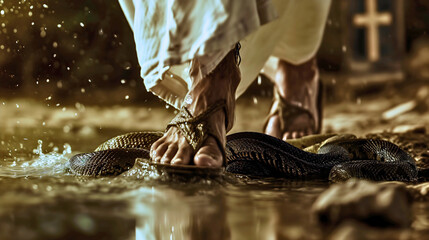 A male person wearing white robe and sandals, symbolizing Jesus Christ, stepping over the snake, crushing her head and body. Reference to Book of Genesis from the Holy Bible and God's promises  - obrazy, fototapety, plakaty