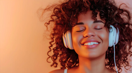 A beautiful young African American woman with curly hair wearing white headphones, listening to a music through a headset, smiling in the studio. Closed eyes, listening to a podcast or audiobook