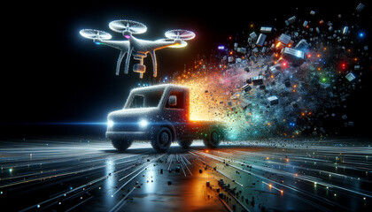 Dynamic disintegration of autonomous systems with vibrant, glowing pixels on a dark background.