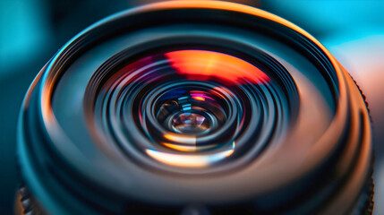Closeup macro photography of a professional optical camera lens glass shutter with reflection. Focus equipment objective for photographers, 