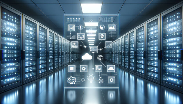 Minimalist digital interface in sleek data center symbolizing managed IT services
