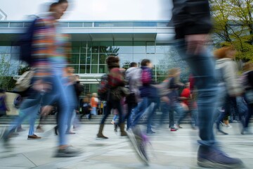 Campus life Students walking University setting Motion blur for dynamic effect