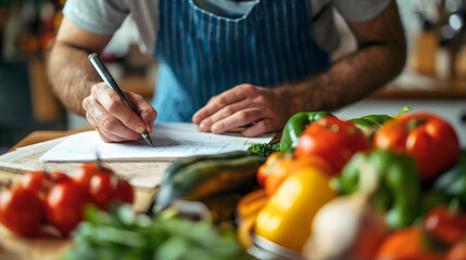 A man wearing an apron, holding a pen in his hand and writing healthy diet and lifestyle goals for weight loss on the paper. Table full of fresh, organic and raw vegetables and fruits