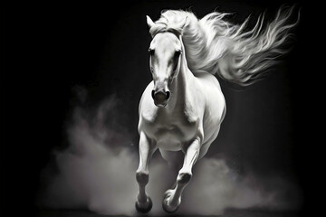 Obraz na płótnie Canvas Black and white studio photography of a white or gray horse galloping or running