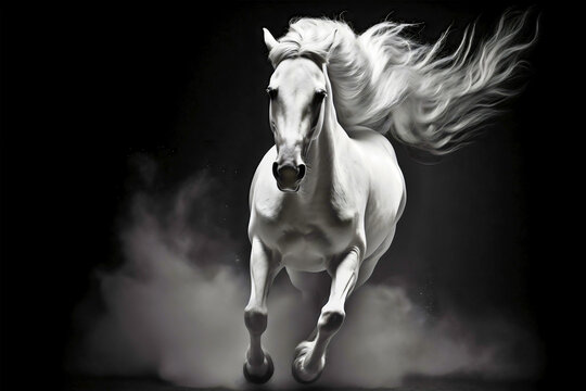 Black and white studio photography of a white or gray horse galloping or running