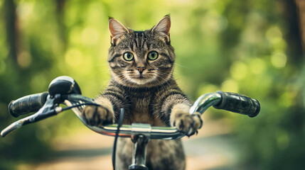 Funny cat riding a bicycle or a bike outdoors, looking at the camera
