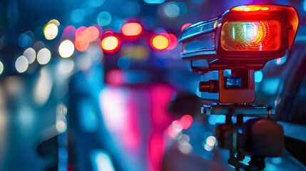 Closeup of a police radar on the city street at night, with cars passing by blurred in the...