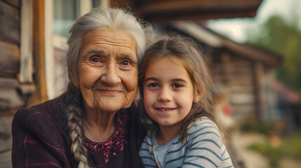 Old grandma and her cute little granddaughter, female kid or child, grandchild with grandparent, both of them are smiling and looking at the camera, happy family, bonding together outdoors