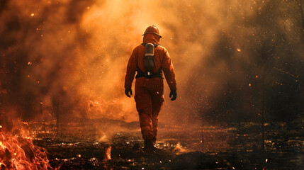 Rearview of a firefighter walking towards the raging fire in the woods, or forest, flame in the fields. The adult fireman is wearing a working uniform and a helmet, dangerous job hero, brave man