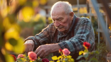 Old man flower gardening,  - obrazy, fototapety, plakaty