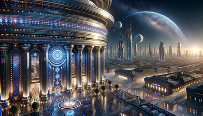 Majestic galactic empire with gleaming architecture and joyful citizens.