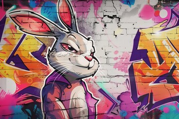 Hip hop rabbit character Vibrant graffiti background Urban street culture