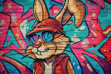 Hip hop rabbit character Vibrant graffiti background Urban street culture
