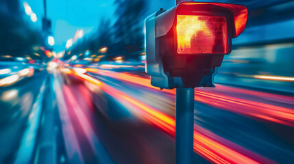 Closeup of a police radar on the city street at night, with cars passing by blurred in the...