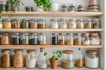 Fototapeta na wymiar Home organization and storage Tidy pantry shelves Kitchen design and interior concept