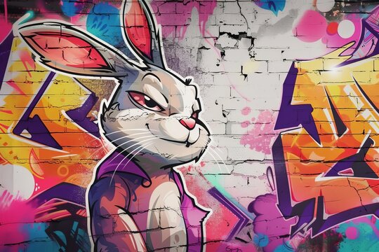 Hip hop rabbit character Vibrant graffiti background Urban street culture